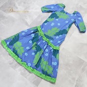 フラダンス 衣装 ワンピース ドレス マーメイドライン エムエムジェイ ブルー系 グリーン系 MermaidLine MMJ 七分袖 フリル 花柄 アシンメトリー かわいい 華やか 鮮やか 明るい 青 緑 ダンス衣装 ハワイアンダンス レディース 練習