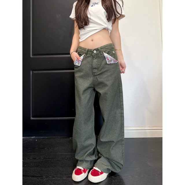 フラワーポケットシンチバックワイドラインデニムパンツ 3col R02590