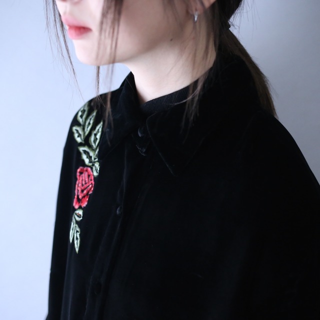 "刺繍×薔薇" asymmetry design loose silhouette black velours shirt