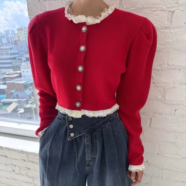 全4色/Frill lace puff knit cardigan　M4290