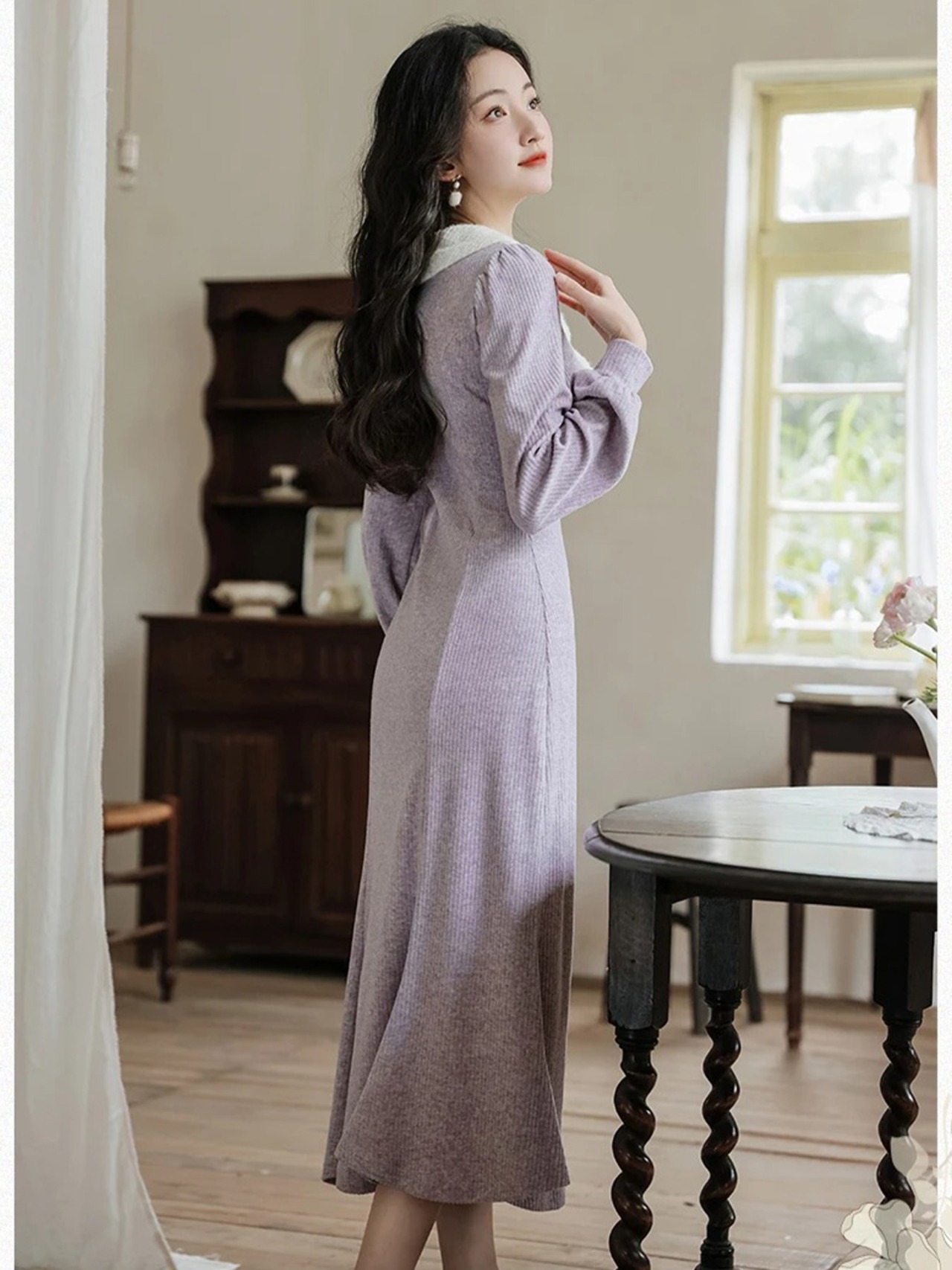 【0149】Ribbon Collar Knit Mermaid Long Sleeve Dress