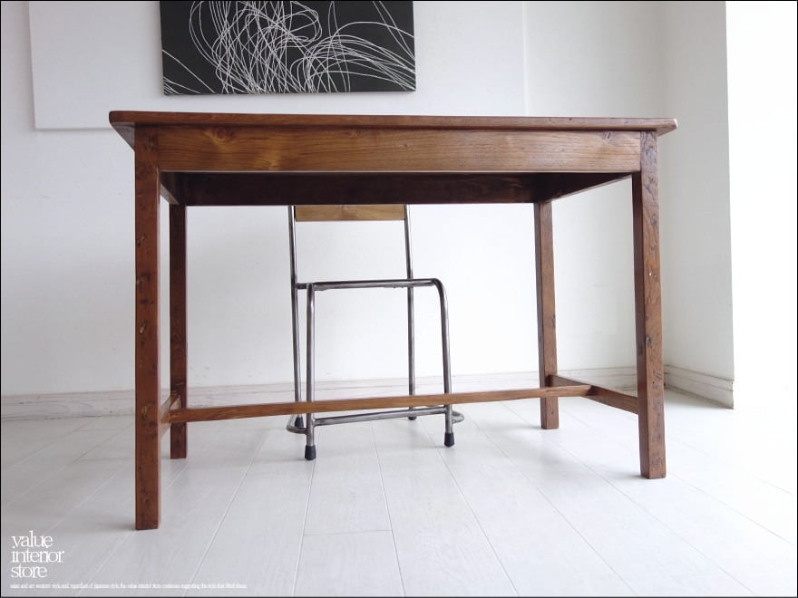 チーク無垢材 ヴィンテージテーブルE/1 デスク 机 アンティーク ダイニング 什器 無垢材家具 一点物 表面再仕上済 108cm 送料無料 三大銘木