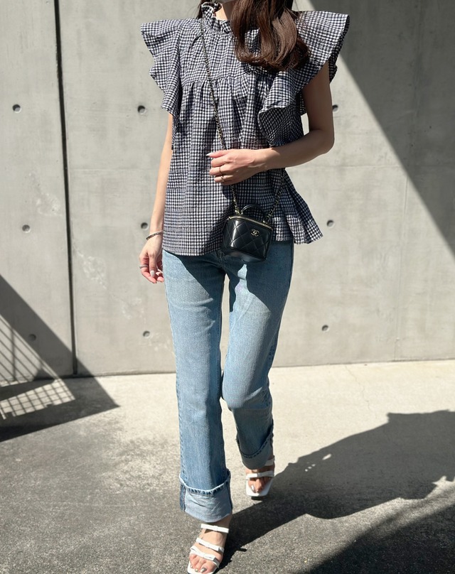 ◆SALE数量限定◆ギンガムチェックフリルショルダートップス（ネコポス対応）（ご注文から1-4営業日でお届け）