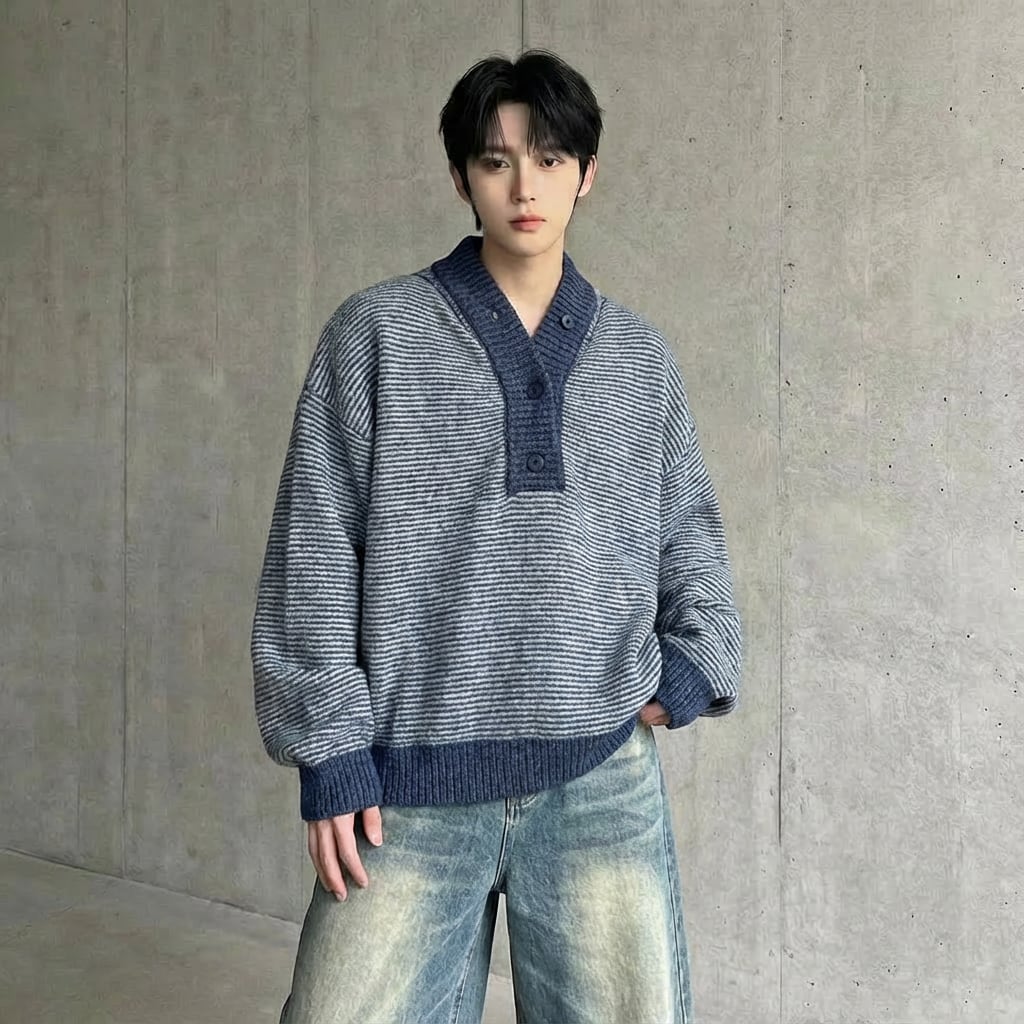 ルーズフィット ストライプ柄ニットフーディ 2カラー D12049