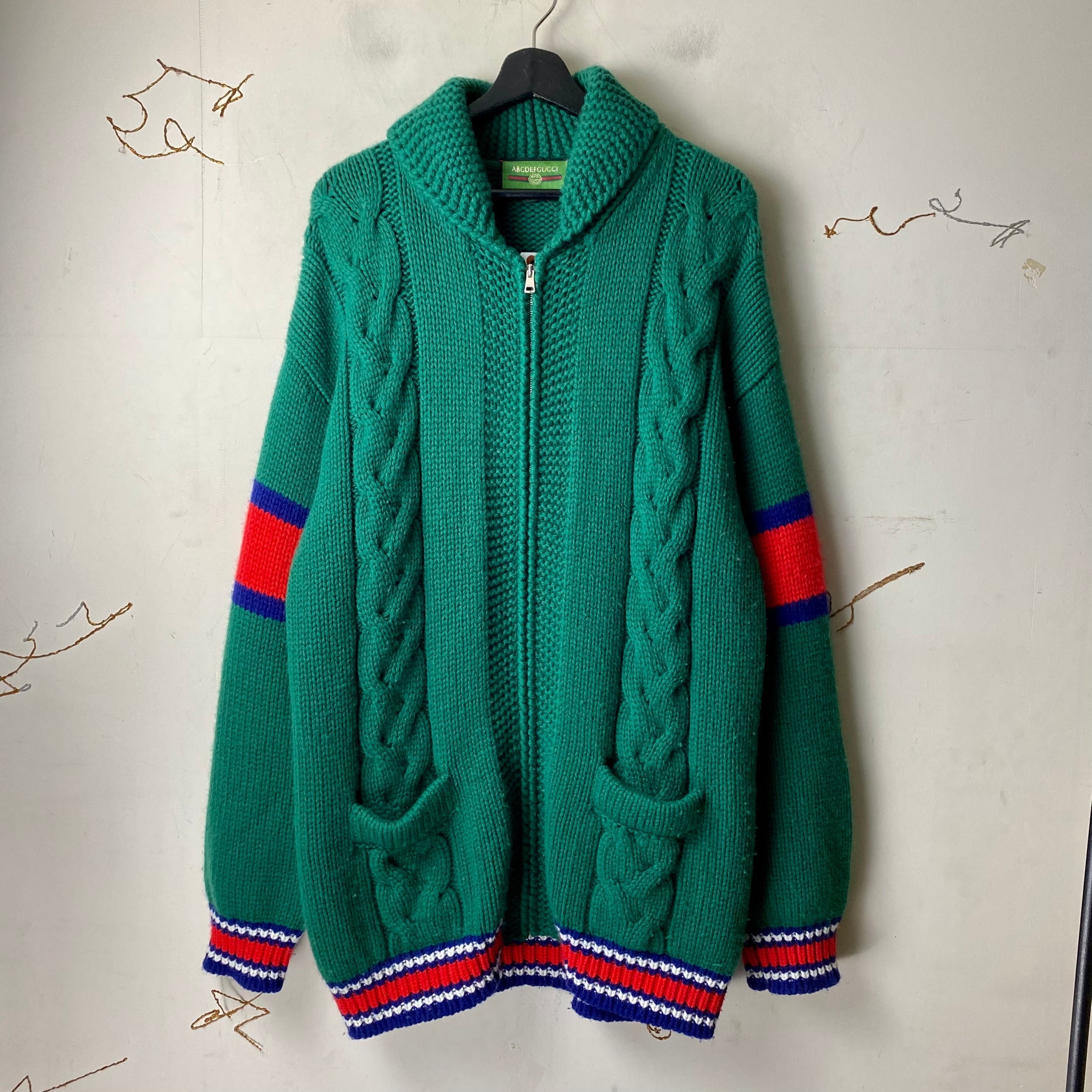 GUCCI shawl collar green cable knit jacket “ABCDEFGUCCI” | NOIR ONLINE