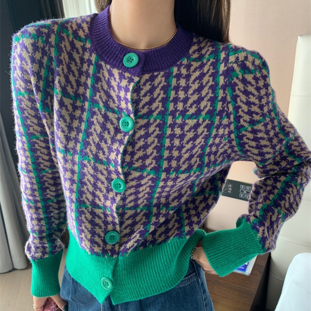 houndstooth color block knit cardigan J00010