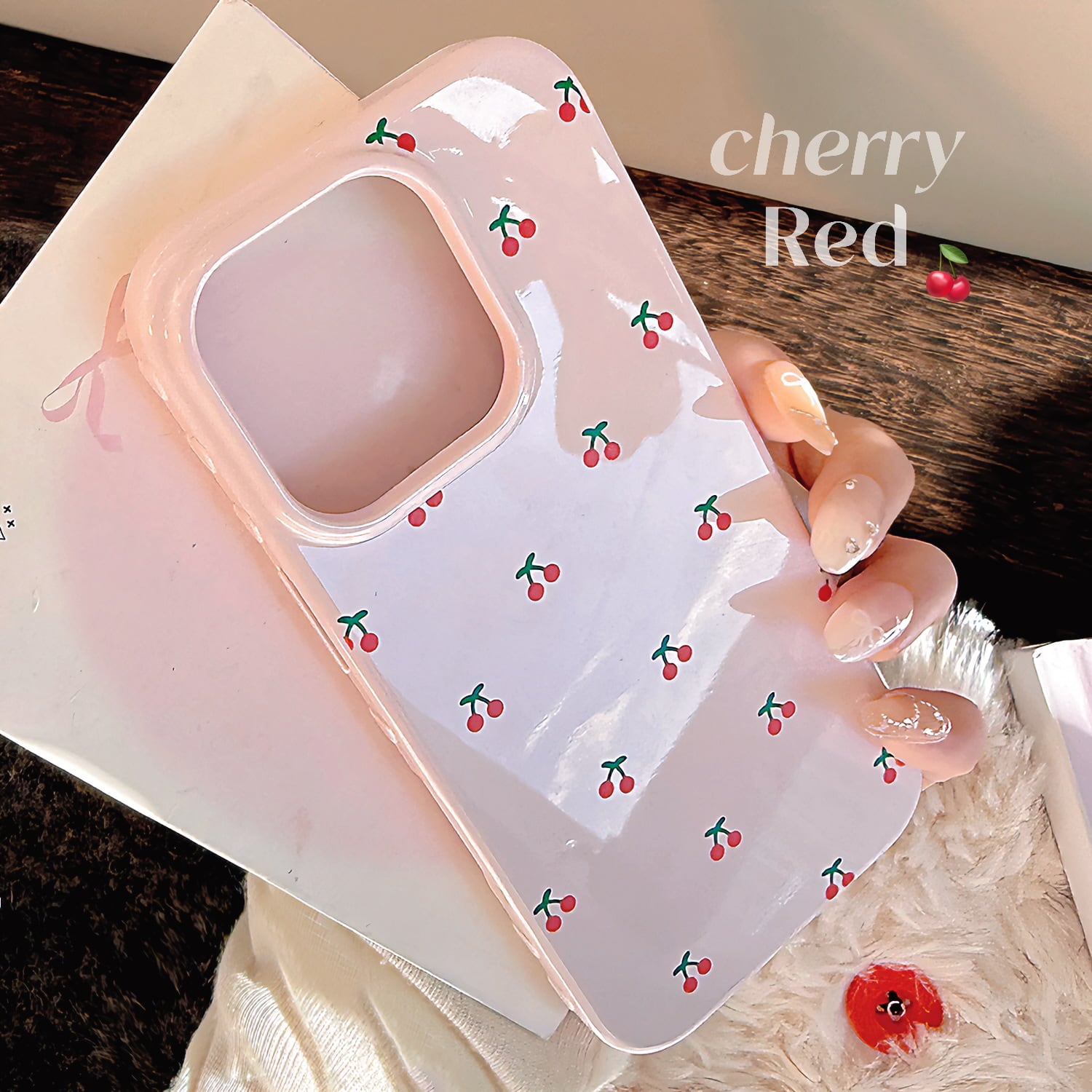 【iPhone17~12まで対応】可憐なさくらんぼ◎ピンク ハート柄 かわいい 韓国ケース 艶 小さくて真っ赤なチェリー スマホケース ND-16487