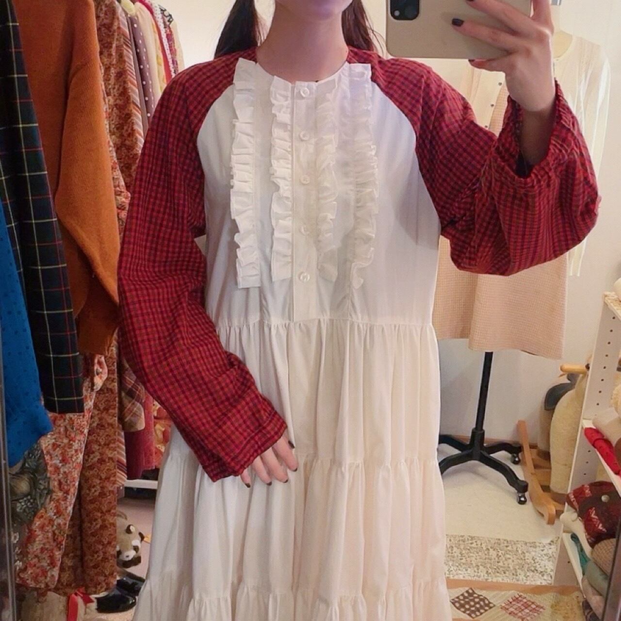 original / white × red check raglan sleeve one-piece