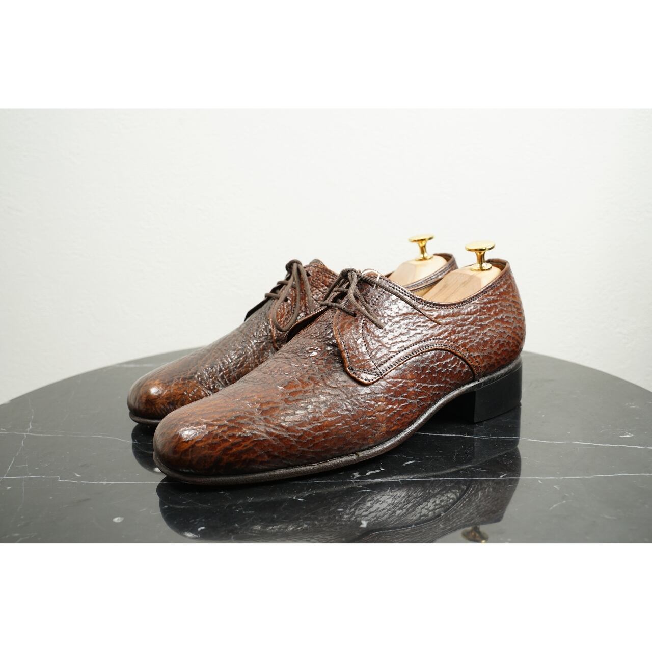 サメ革 プレーントゥ 外羽根シューズ 7（約25.5〜26.0cm相当）ブラウン