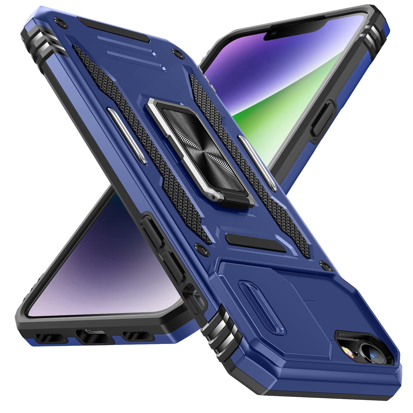 YUSHILANBO 対応 iPhone SE3 SE2 SE 8 7 ケース リング付き 耐衝撃 pc+tpu 車載ホルダー対応 軽量 薄型 青
