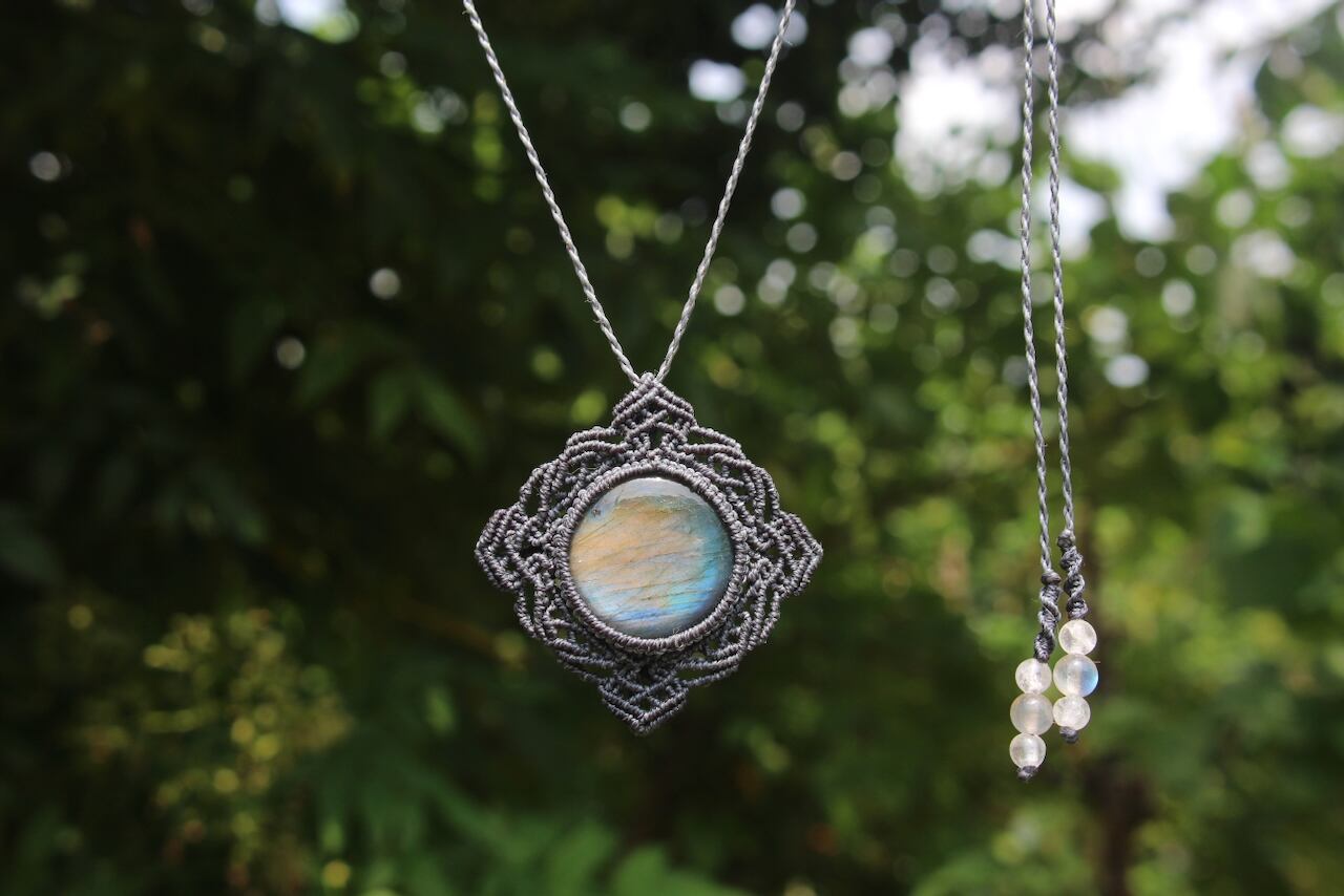 Multi color Labradorite micro macrame mandala pendant