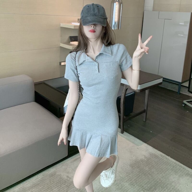 カラーカジュアルドレス ウェスト薄手Aラインスカート ハンチェンe43240935773