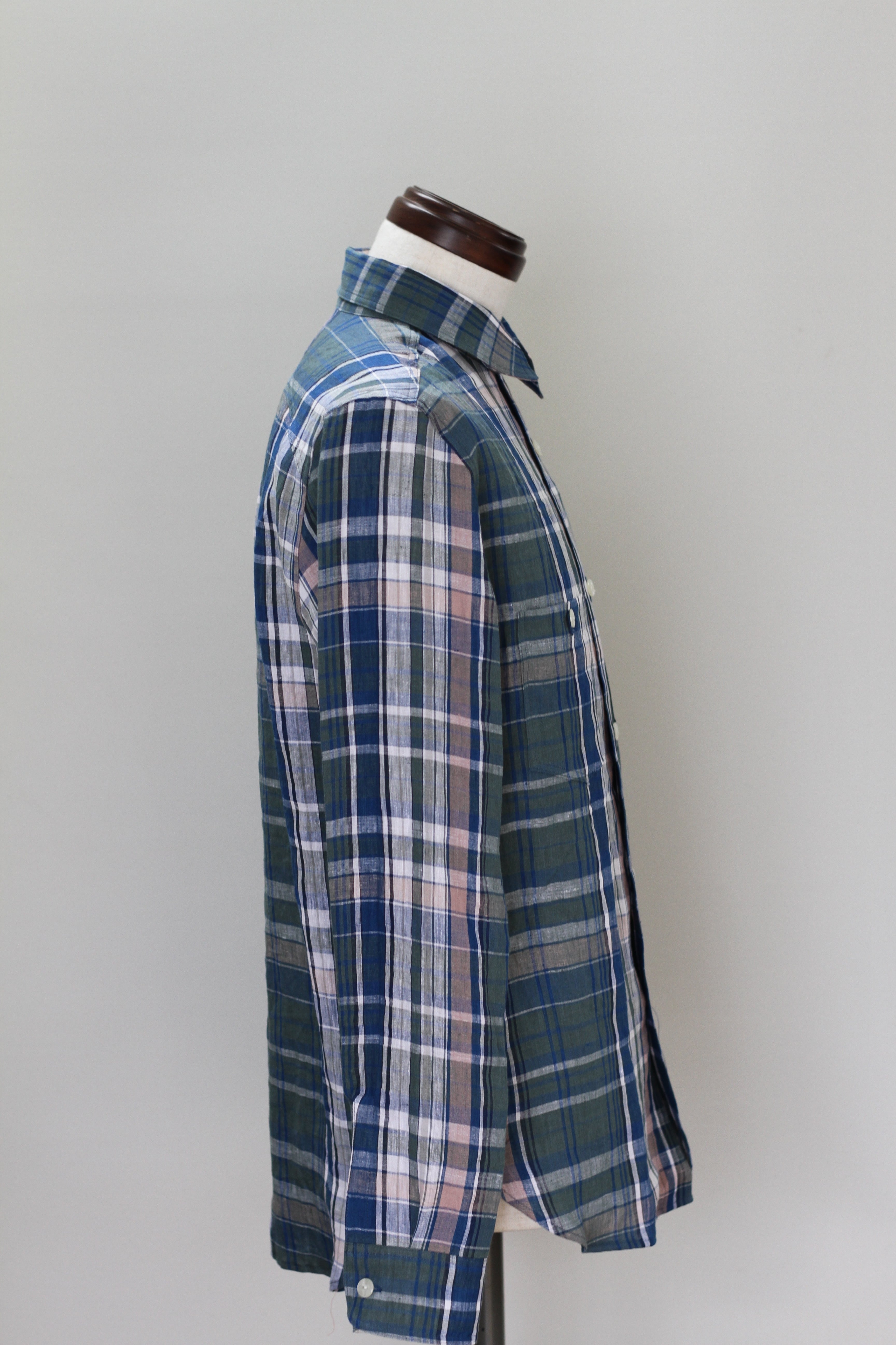 フレンチリネン タータンチェックシャツ （ブルーグリーン