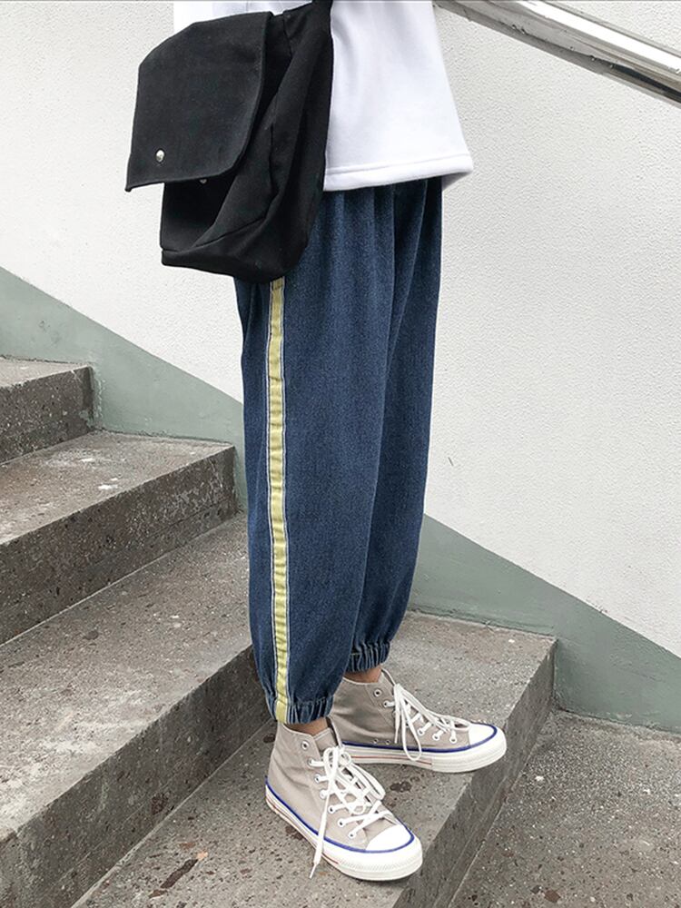全2色 デニム パンツ ストレート カジュアル サイドライン