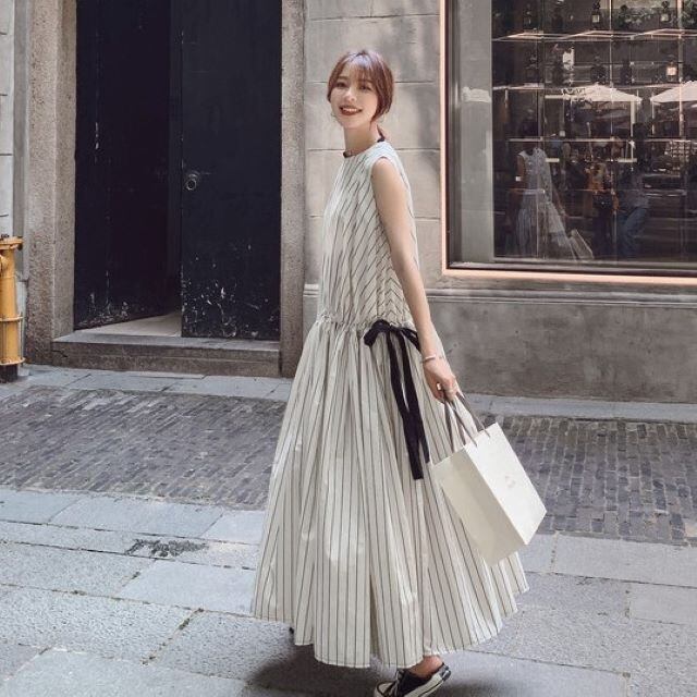 送料無料 ☆ マキシ丈 ノースリーブ ストライプ Aライン ワンピース