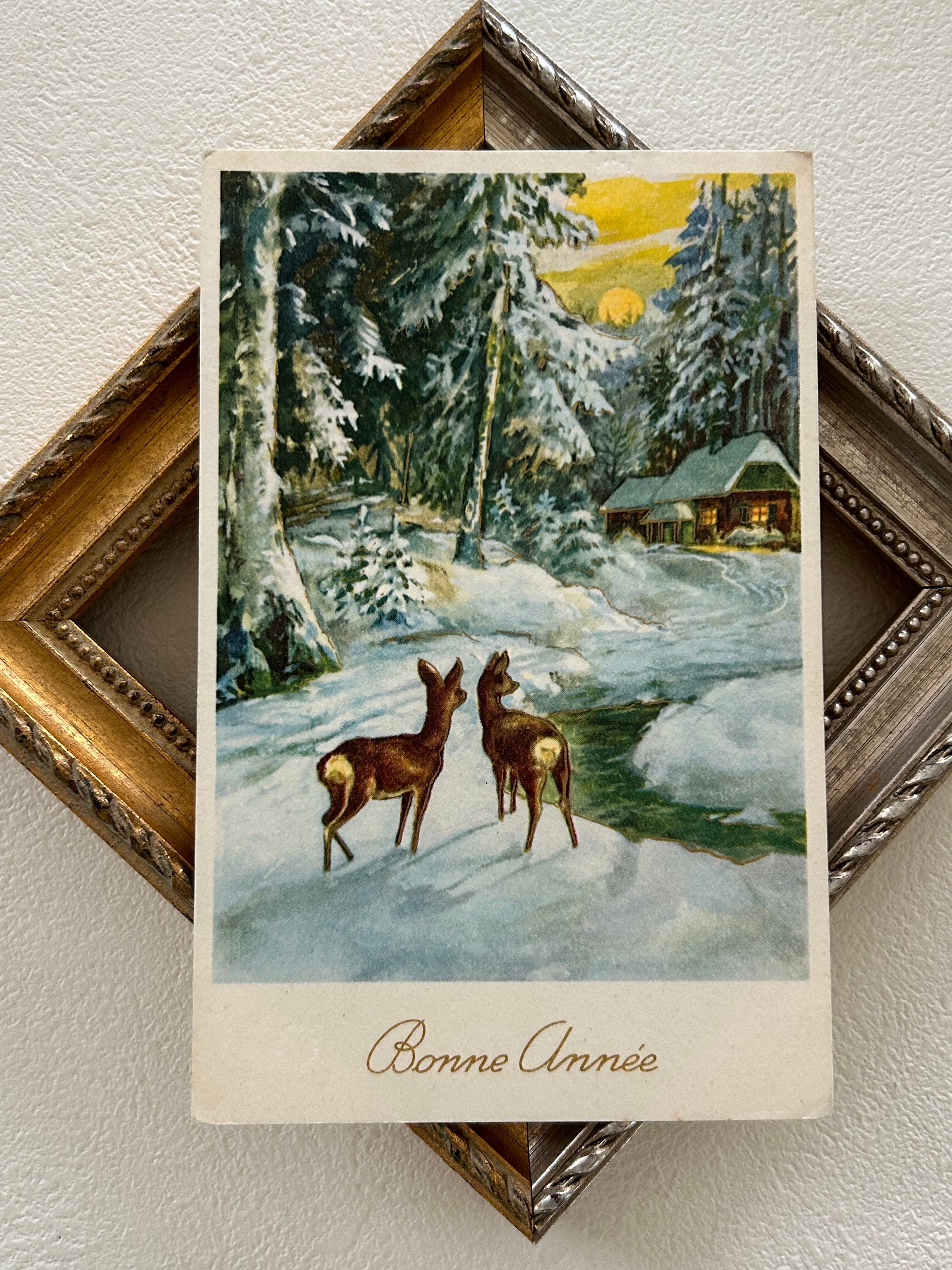 アンティークポストカード Bonne Anee 雪景色 日の入 鹿 1961年