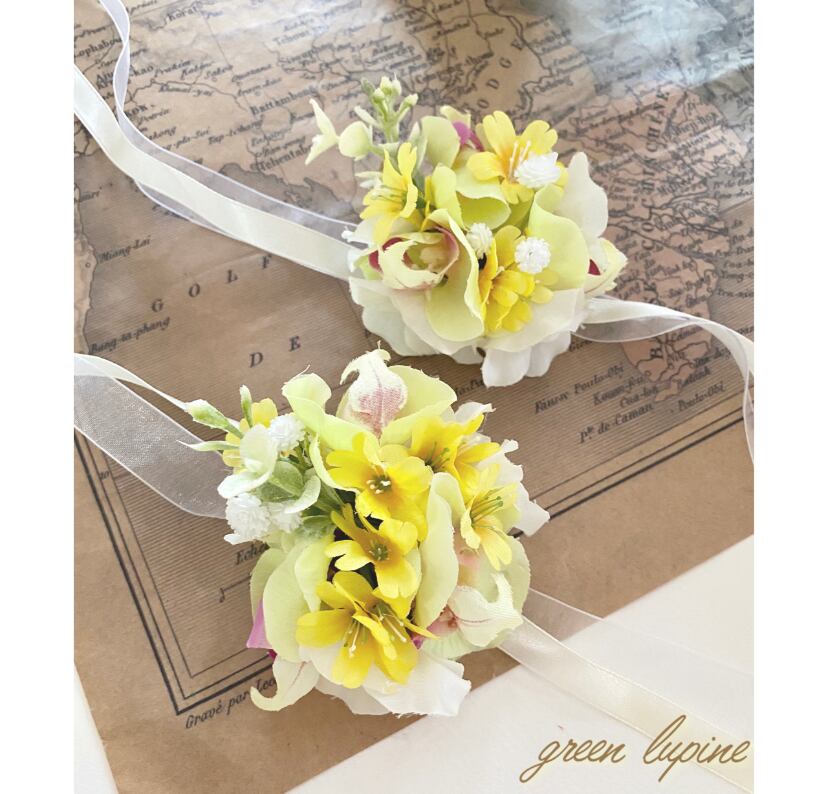 付け方動画付き おラッピングリストコサージュ レモンイエロー Green Lupine