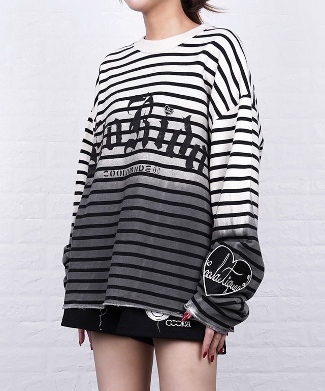 【ATELIER LINE】グラデーションボーダールーズTOPS (BLACK)　CQ-48078H