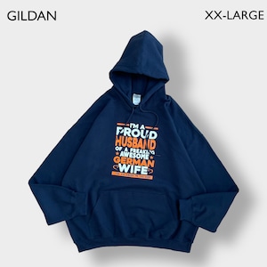 GILDAN 2XL ビッグサイズ プリント パーカー プルオーバー スウェット フーディー ネイビー us古着