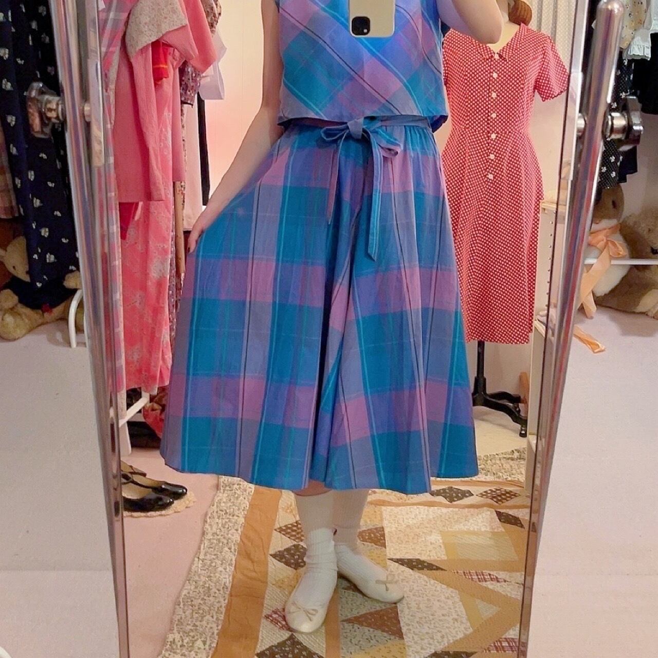 blue pink check ensemble one-piece