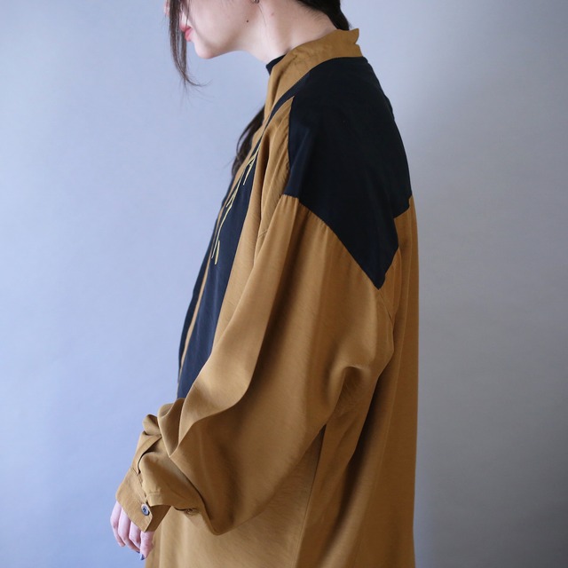 "刺繍" bi-color switching design over silhouette band-collar minimal shirt