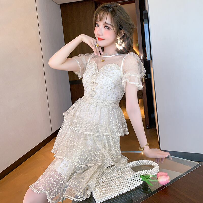 レースカラーメッシュ刺繍スカート ドレス サマースタイル 夏物 MIUCO43703685966