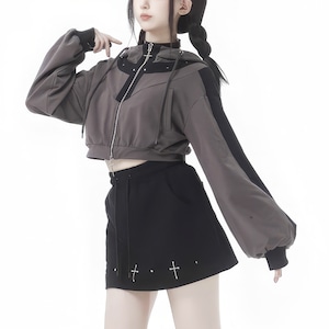 ダブルクロスジッパーブラックラインジップアップショート丈パーカー(lli_4869)