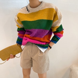 RAINBOW COLOR STRIPE ROUND NECK PULLOVER KNIT 1color M-6479