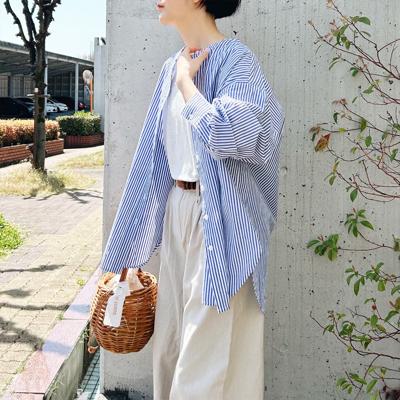 Cotton Broad Band Collar Stripe Shirt