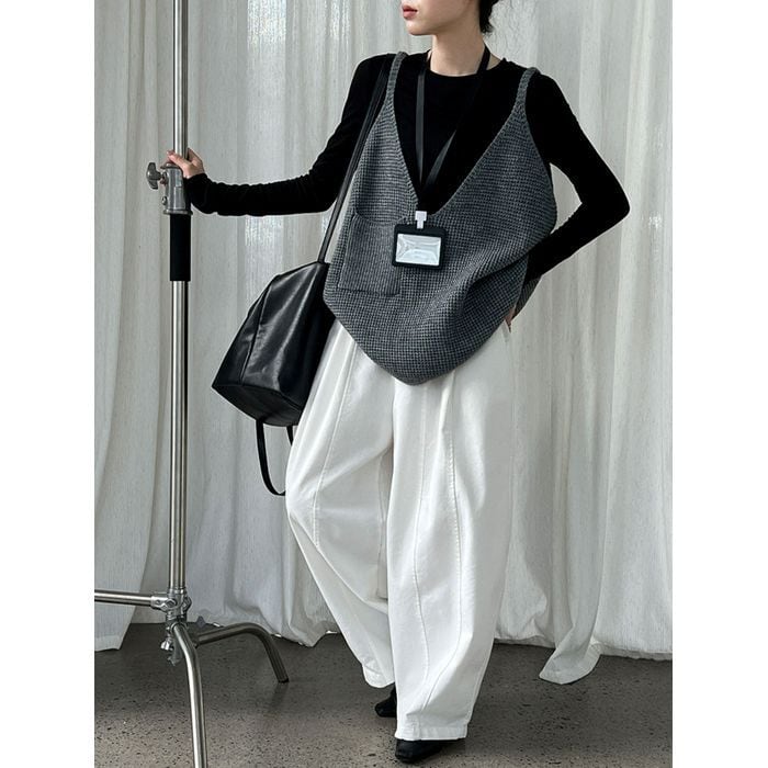 abeille アベイユ　洗える ウール Pocket Long Vest ジレ abeille アベイユ 洗える ウール Pocket Long Vest ジレ deep v-neck