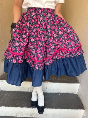 80's navy × pink flower print skirt