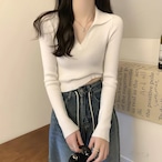 Korean-Style Polo Neck Cropped Knit Top