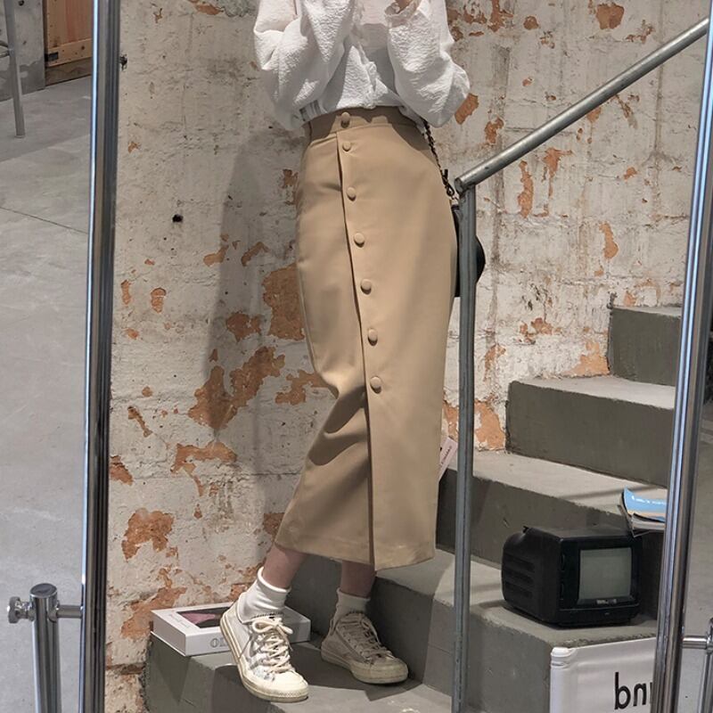 ハイウェストスリムロングスカート スプリングソリッド カラーバックルレディース 春物 ソリッドカラー YY-ファッション75550880385