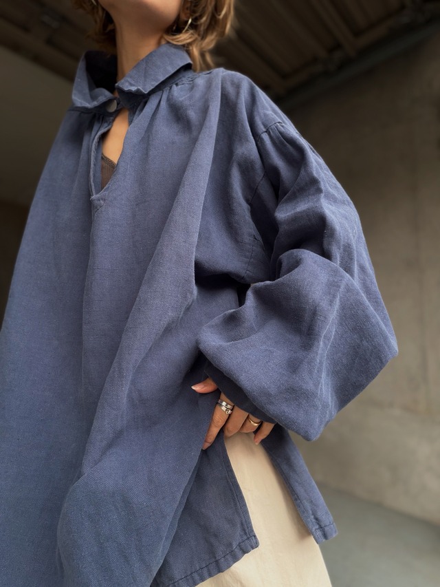 （SH1267）Linen gather neck smock long blouse