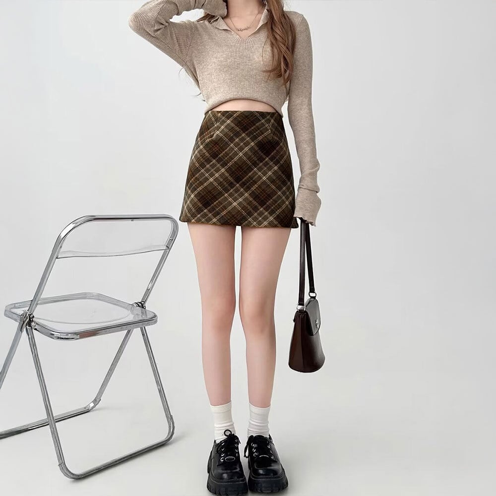 チェック柄 ミニスカート レディース 春秋冬 レトロ 大人 かわいい 韓国 ハイウエスト おしゃれ インナーパンツ付き スカート 大人可愛い 大人女子