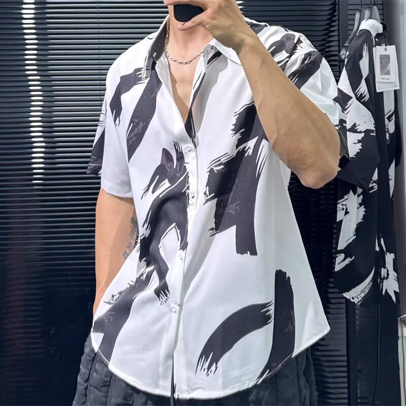 抽象柄 ボタンダウンショートスリーブシャツ 2color MTO0324