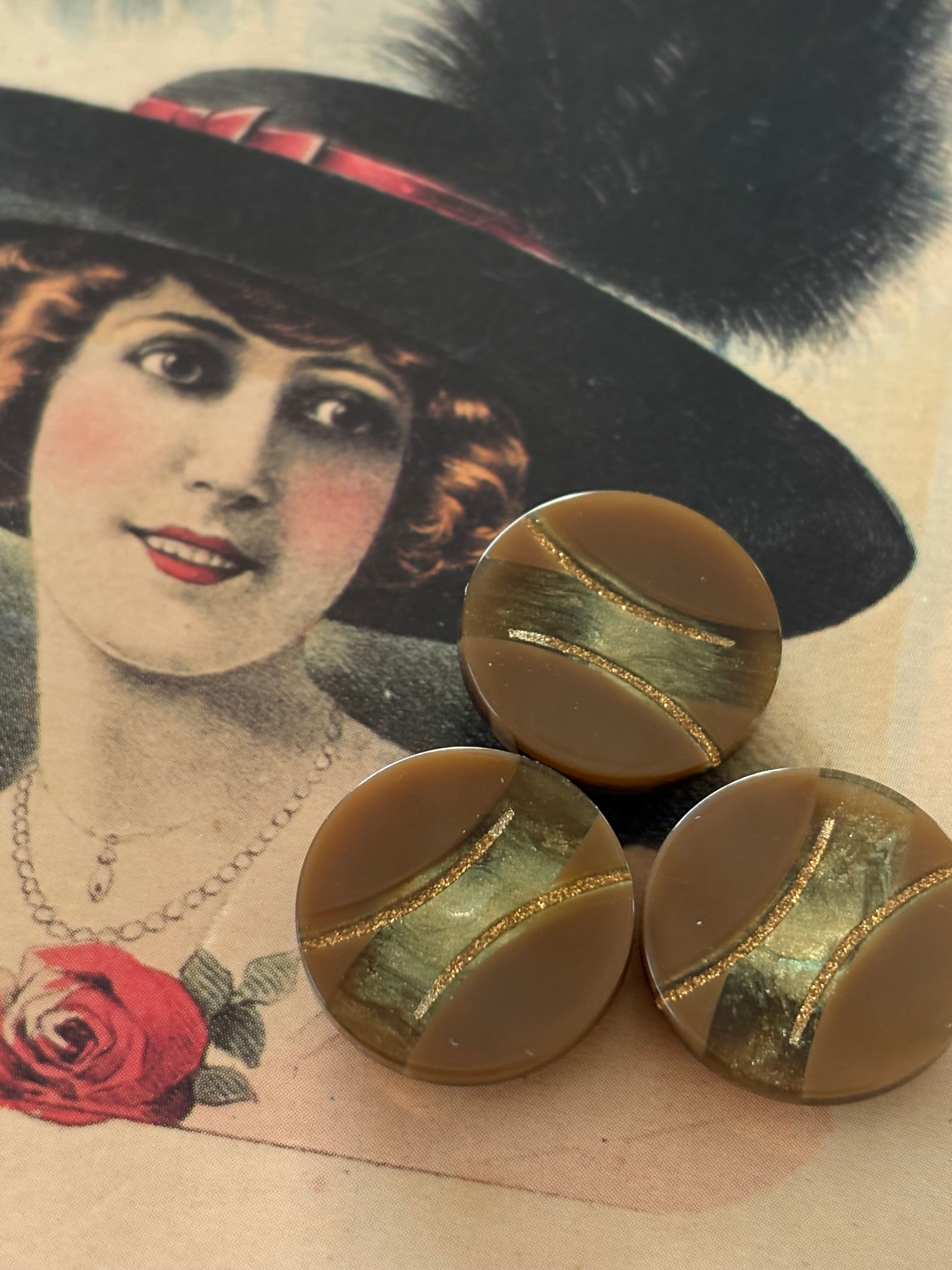 20mm Japanese ヴィンテージボタン ブラウン×ゴールド 樹脂ボタン グリッター レトロ アクセサリーパーツ 装飾材 カルトナージュ