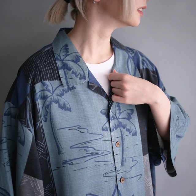 back botanical art pattern loose h/s silk shirt