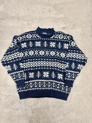 90～00s LANDS`END/Nordic Knit Sweater/SCOTLAND製/XL/ノルディック柄ニットセ－タ－/総柄/ネイビ－/ランズエンド