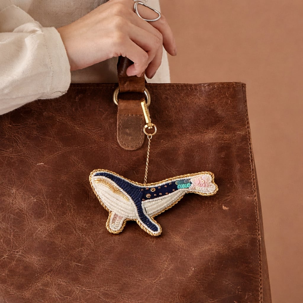 【COTTAGE】ザリ刺繍 アニマル バッグチャーム／キーホルダー｜クジラ