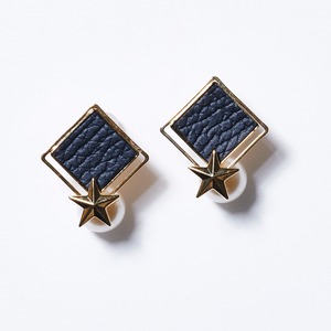 STAR ON PEARL LETHER SQUARE EARRINGS(BLACK)