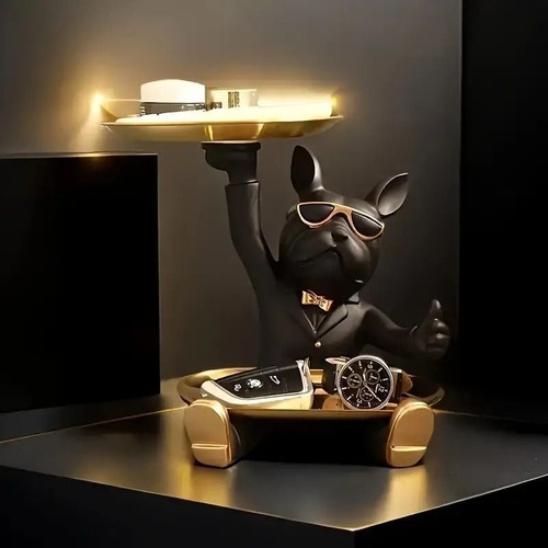 置物　犬　犬の像　ブルドック　いぬ　彫刻　トレイ　ホーム　玄関　リビング　テーブルデコレーション　飾り　装飾品　かわいい　黒　緑　ブラック　グリーン　クリスマスプレゼント　誕生日　ギフト