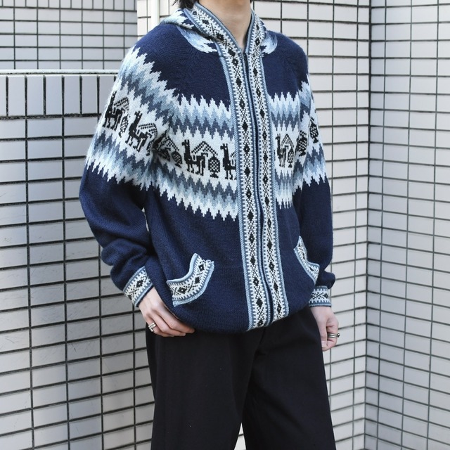 nordic pattern zip up knit foodie