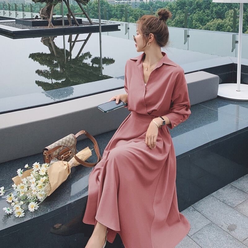 即納品】テラコッタカラーが可愛い♪ シンプル ロングシャツワンピース