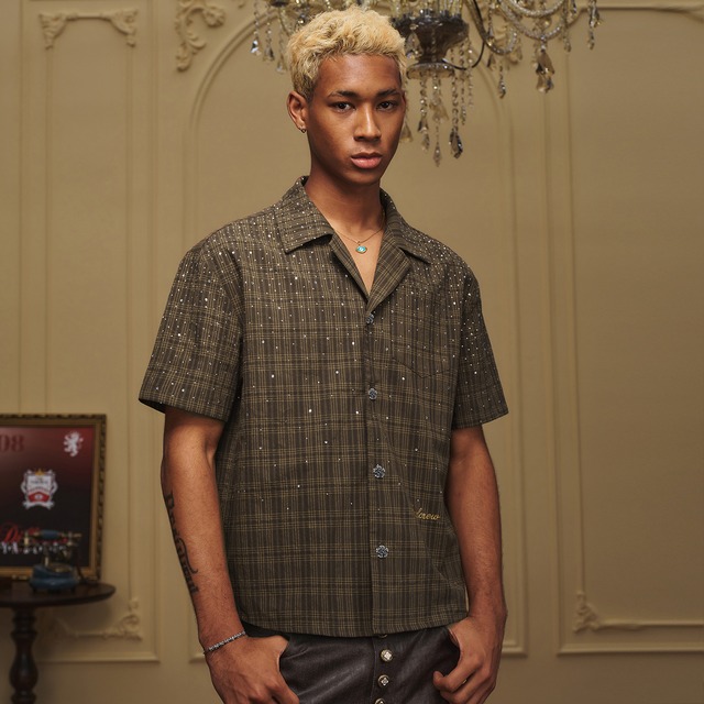 【DRIP6813】YAD Galaxy Sequin Plaid Short Sleeve Shirt