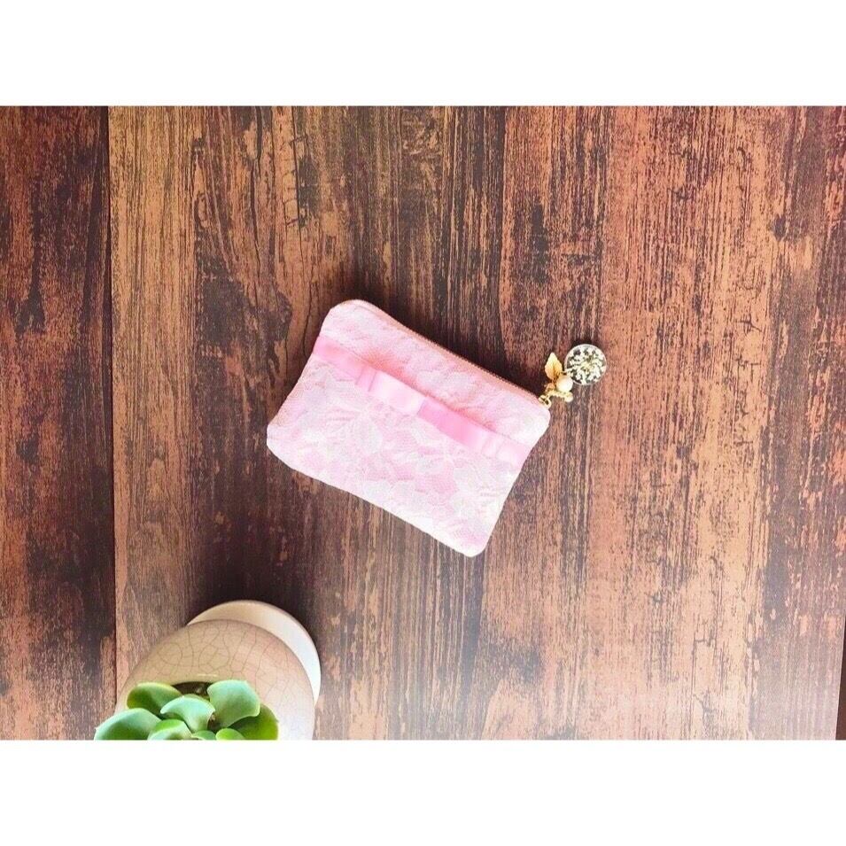 ☆ホワイトフラワーレース×ベビーピンク×ピンクサテンリボン☆ポーチ