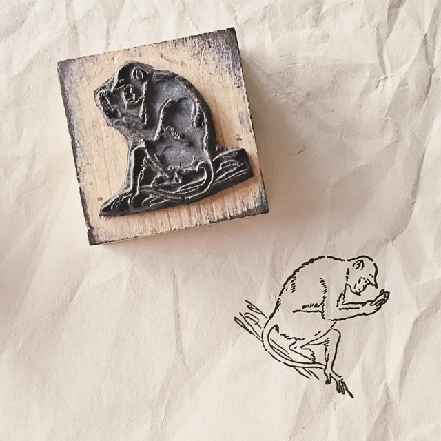 フランス 6c お手紙を読むお猿さんとメランコリーな木製スタンプ ヴィンテージ