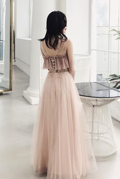 美品！パーティードレス 薄ピン キラキラチュール ロングドレス