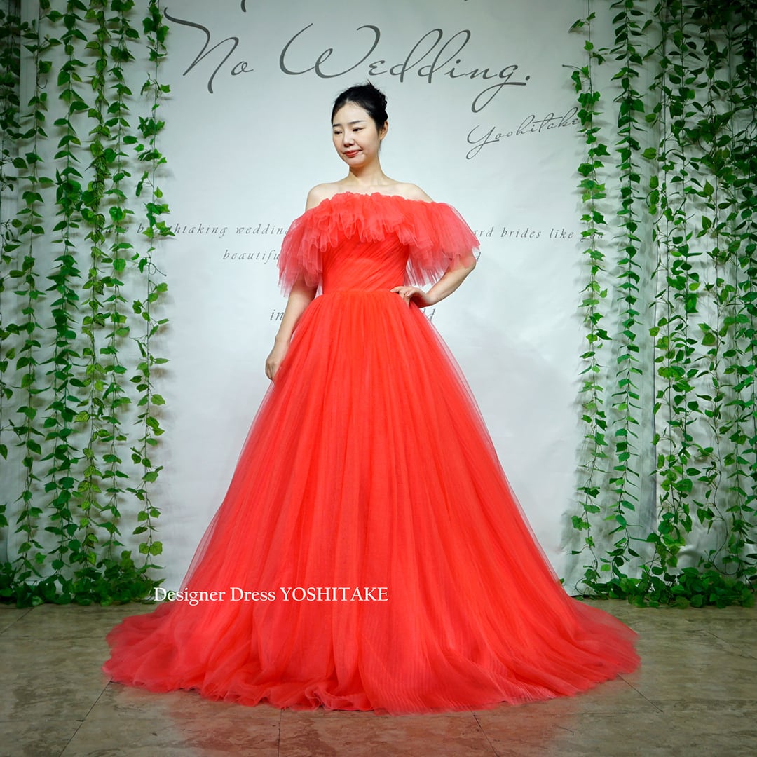 オーダー制作】ウエディングドレス(無料パニエ) 朱色カラードレス.オフ  