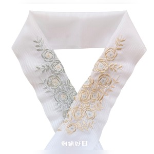 アンティーク復刻　巻き薔薇刺繍半衿 絽 バイカラー